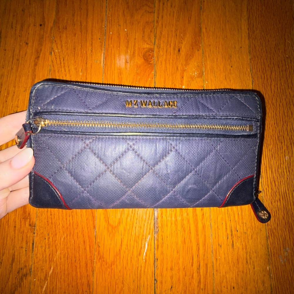 MZ Wallace Quilted Navy Zip Wallet with Red Accent